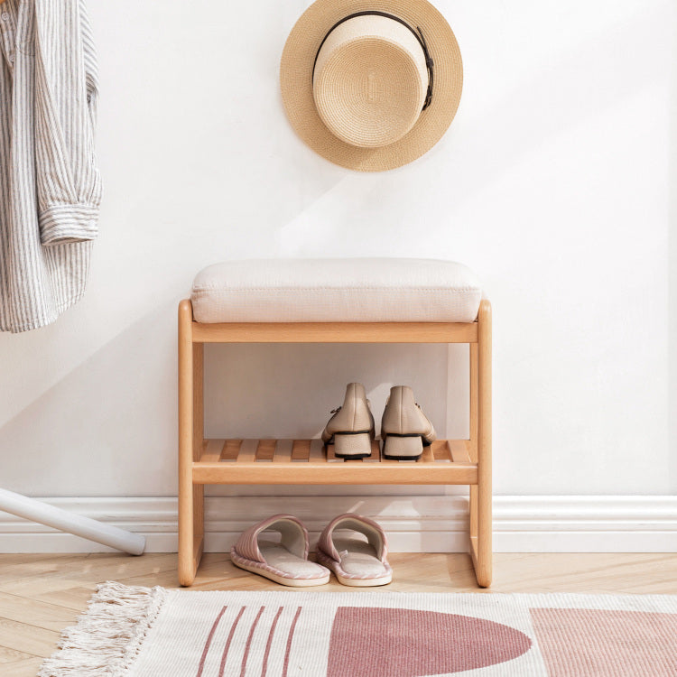Natural Solid Wood Shoe Bench, Beech Wood Storage Rack Organizer With High Rebound Sponge Cushion