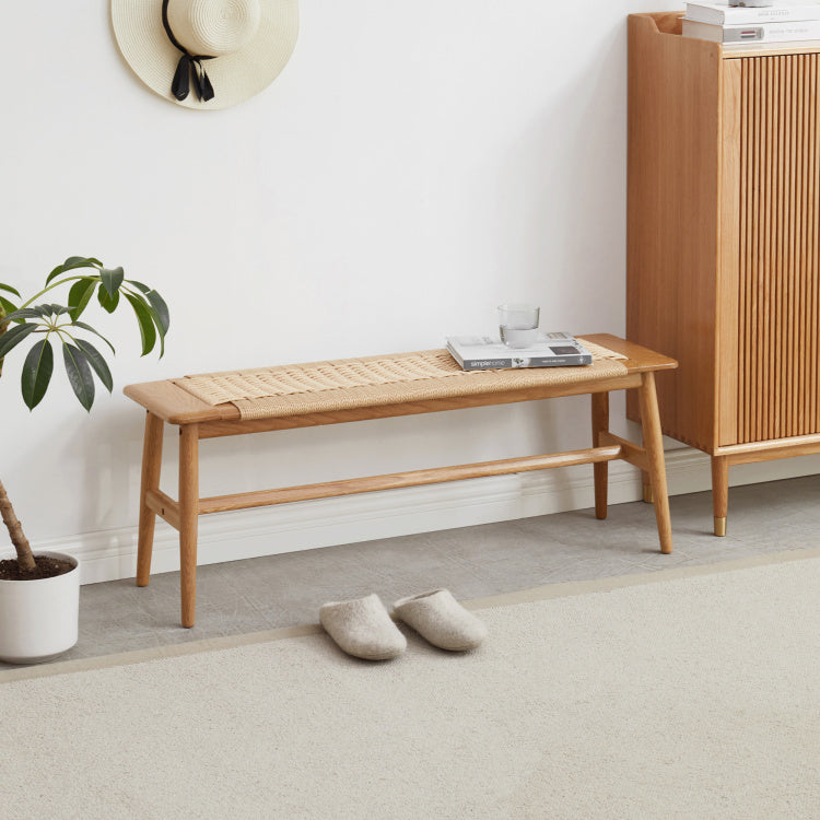 1.1M Woven Design Natural Oak Wood Dining Bench Bed Bench For Dining Room, Bedroom, Living Room