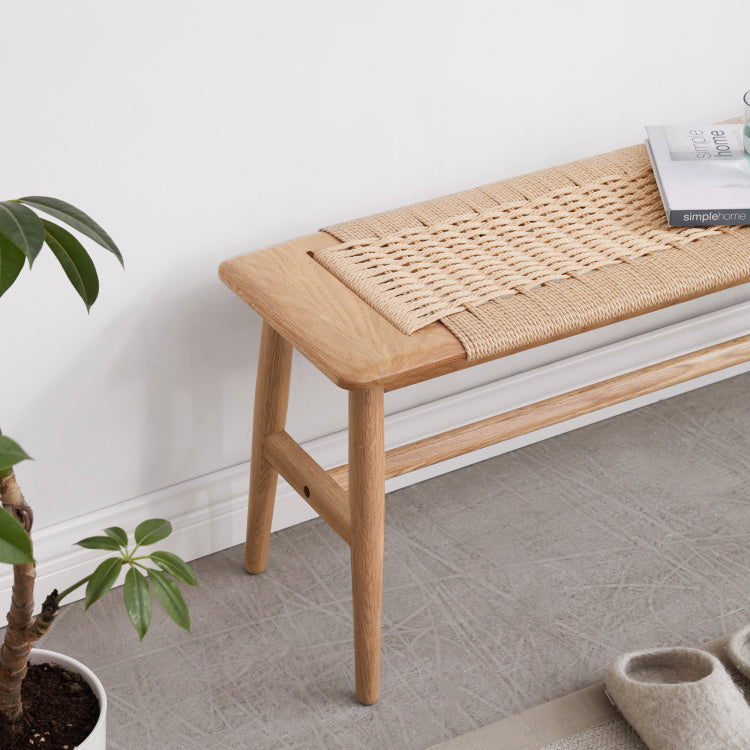 Woven Design Natural Oak Wood Dining Bench Bed Bench For Dining Room, Bedroom, Bathroom