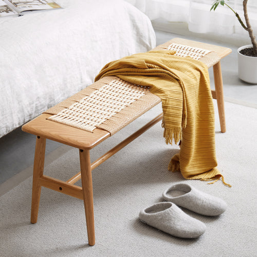 1.1M Woven Design Natural Oak Wood Dining Bench Bed Bench For Dining Room, Bedroom, Living Room