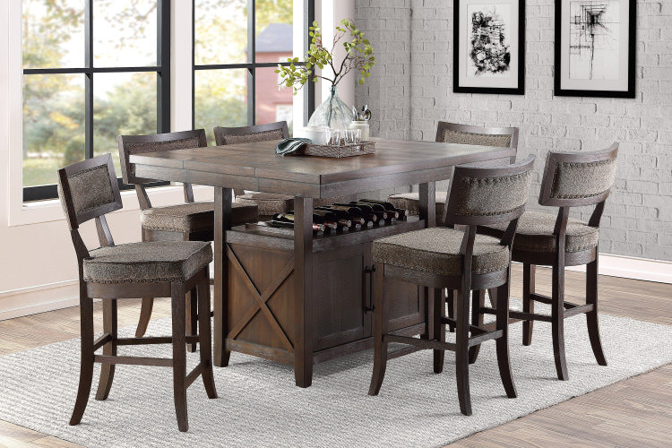 Rustic Aesthetic Dark Cherry Finish Counter Height Chair Set Of 2 Wood Framed Nailhead Trim Fabric Upholstered Seat Kitchen Dining Room Furniture