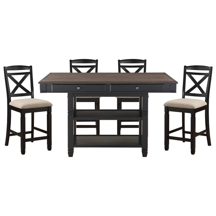 Transitional Style 1Pc Counter Height Table With Storage Drawers 2X Display Shelves Natural And Black Finish Dining Furniture