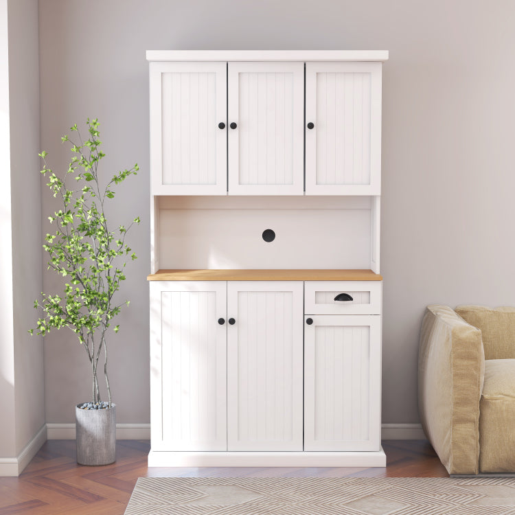 71" Kitchen Pantry Storage Cabinet With Microwave Oven Countertop, Freestanding Hutch Cabinet With Adjustable Shelves, 6 Doors And 1 Drawer White
