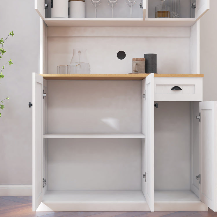 71" Kitchen Pantry Storage Cabinet With Microwave Oven Countertop, Freestanding Hutch Cabinet With Adjustable Shelves, 6 Doors And 1 Drawer White