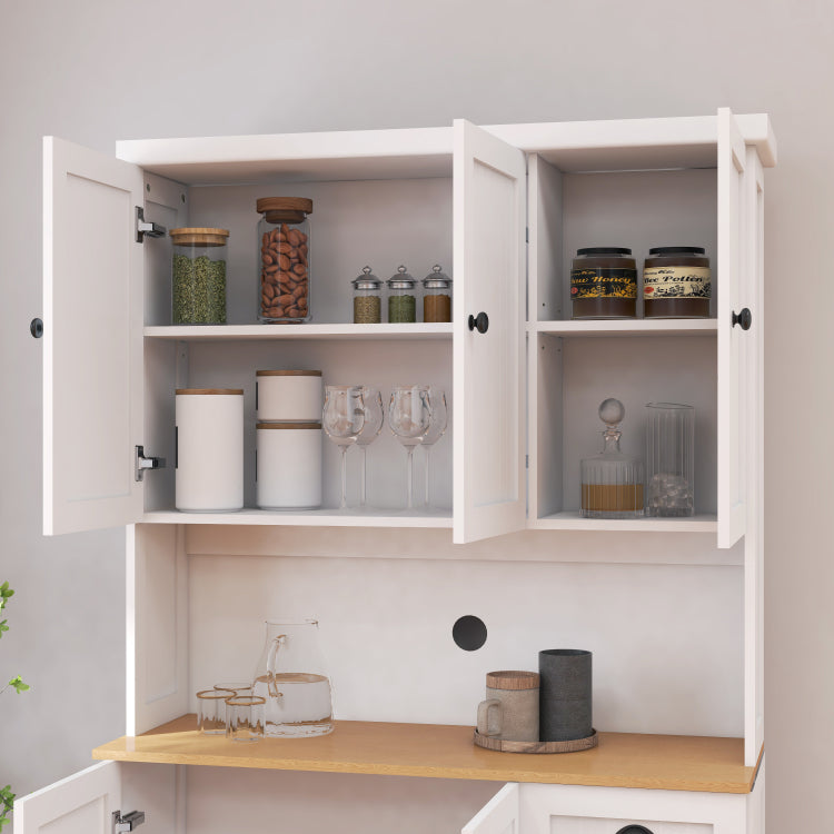 71" Kitchen Pantry Storage Cabinet With Microwave Oven Countertop, Freestanding Hutch Cabinet With Adjustable Shelves, 6 Doors And 1 Drawer White