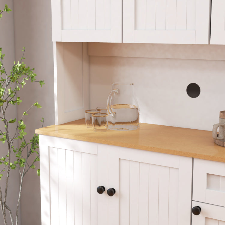 71" Kitchen Pantry Storage Cabinet With Microwave Oven Countertop, Freestanding Hutch Cabinet With Adjustable Shelves, 6 Doors And 1 Drawer White