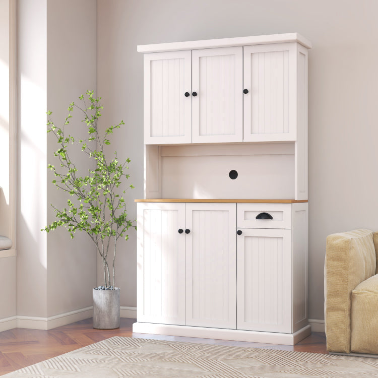 71" Kitchen Pantry Storage Cabinet With Microwave Oven Countertop, Freestanding Hutch Cabinet With Adjustable Shelves, 6 Doors And 1 Drawer White