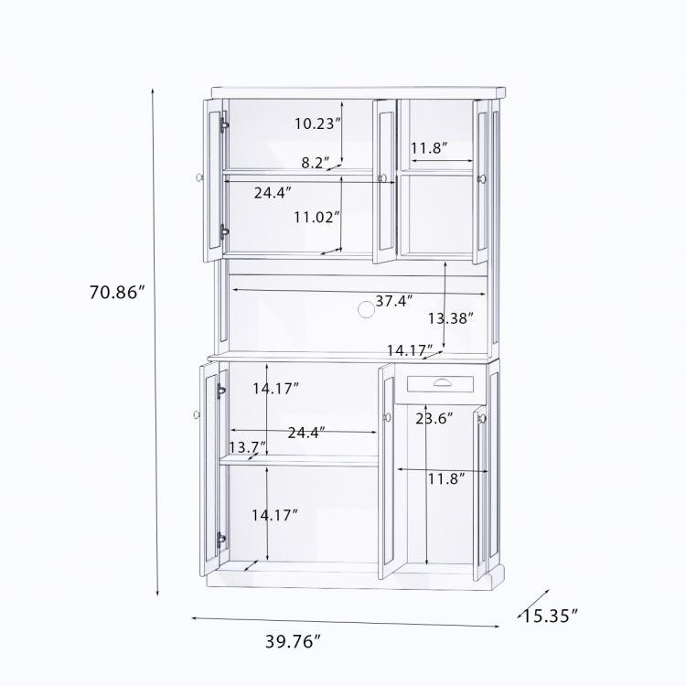 71" Kitchen Pantry Storage Cabinet With Microwave Oven Countertop, Freestanding Hutch Cabinet With Adjustable Shelves, 6 Doors And 1 Drawer White