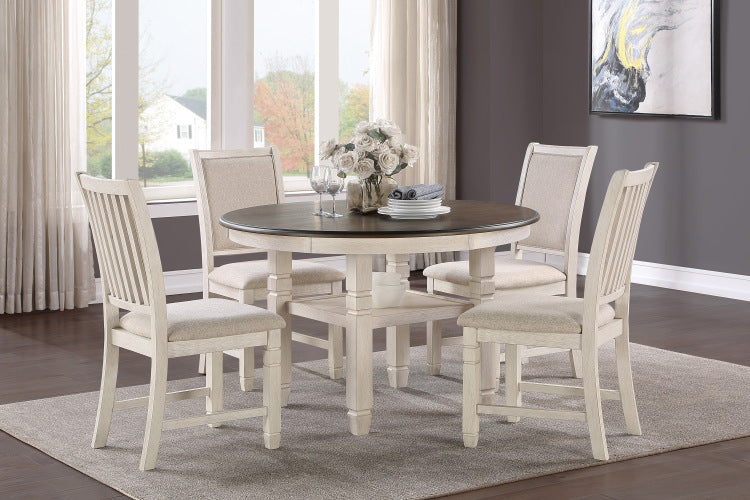 Antique White Finish Wooden Side Chairs 2Pcs Set Textured Fabric Upholstered Dining Chairs
