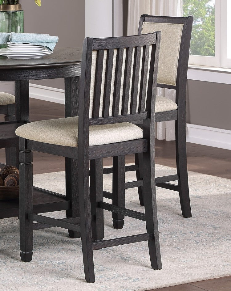 Beautiful Black Finish Wooden Counter Height Chairs 2Pcs Set Beige Color Textured Fabric Upholstered Dining Chairs