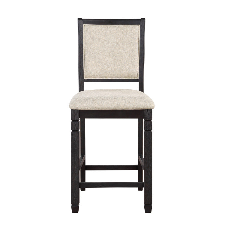 Beautiful Black Finish Wooden Counter Height Chairs 2Pcs Set Beige Color Textured Fabric Upholstered Dining Chairs