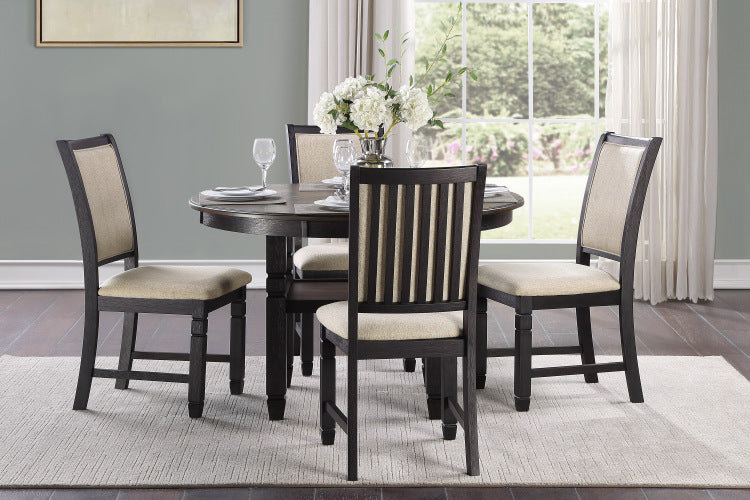 Beautiful Black Finish Wooden Side Chairs 2Pcs Set Beige Color Textured Fabric Upholstered Dining Chairs