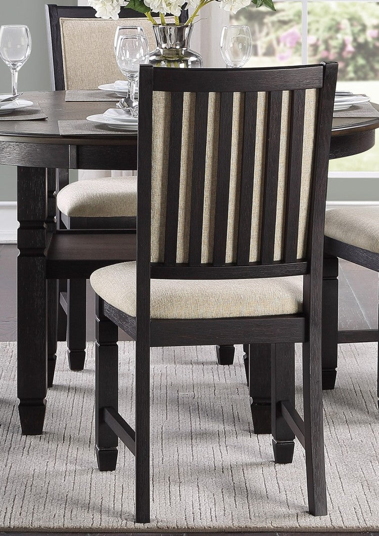 Beautiful Black Finish Wooden Side Chairs 2Pcs Set Beige Color Textured Fabric Upholstered Dining Chairs