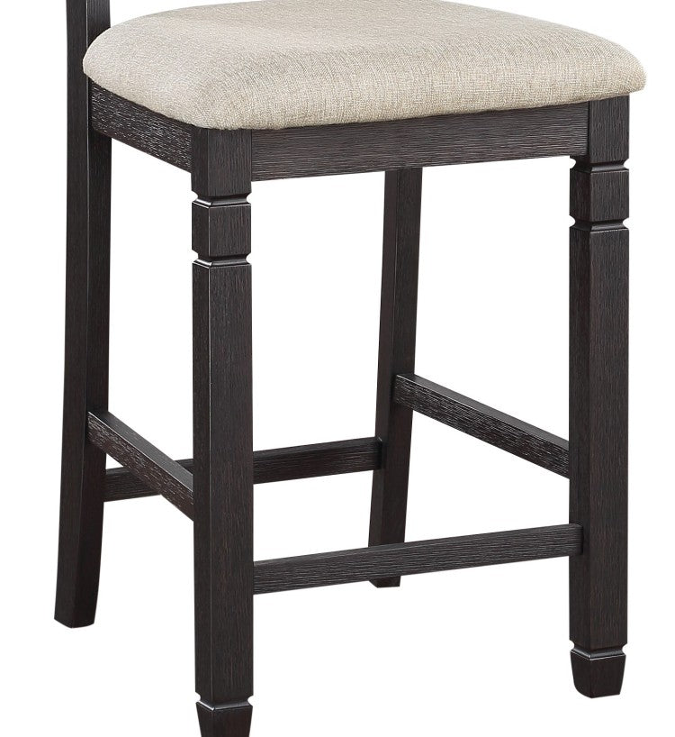 Beautiful Black Finish Wooden Counter Height Chairs 2Pcs Set Beige Color Textured Fabric Upholstered Dining Chairs