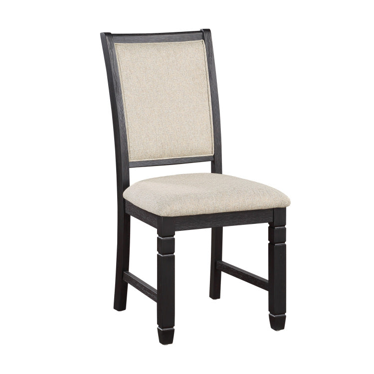 Beautiful Black Finish Wooden Side Chairs 2Pcs Set Beige Color Textured Fabric Upholstered Dining Chairs