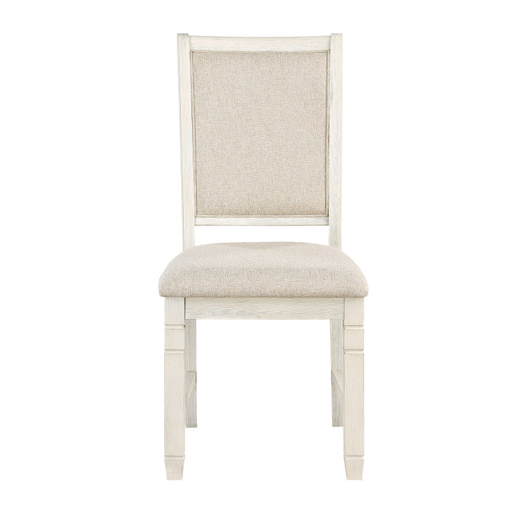 Antique White Finish Wooden Side Chairs 2Pcs Set Textured Fabric Upholstered Dining Chairs