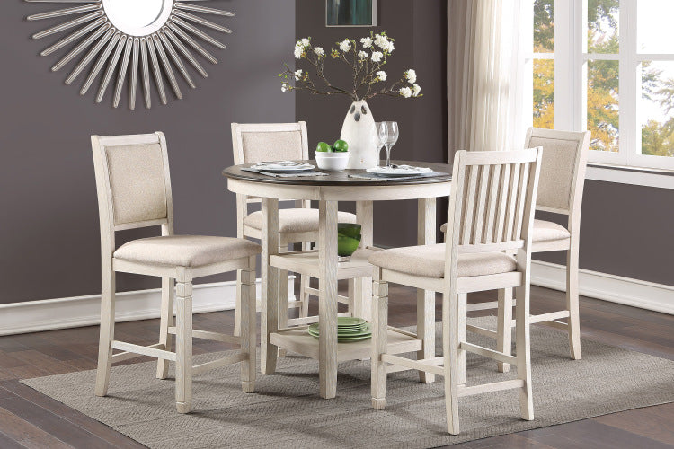 Antique White Finish Wooden Counter Height Chairs 2Pcs Set Textured Fabric Upholstered Dining Chairs