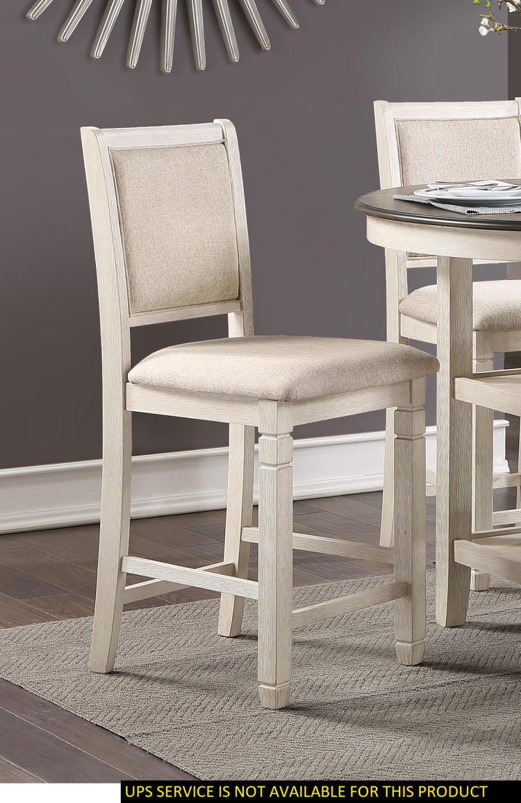 Antique White Finish Wooden Counter Height Chairs 2Pcs Set Textured Fabric Upholstered Dining Chairs