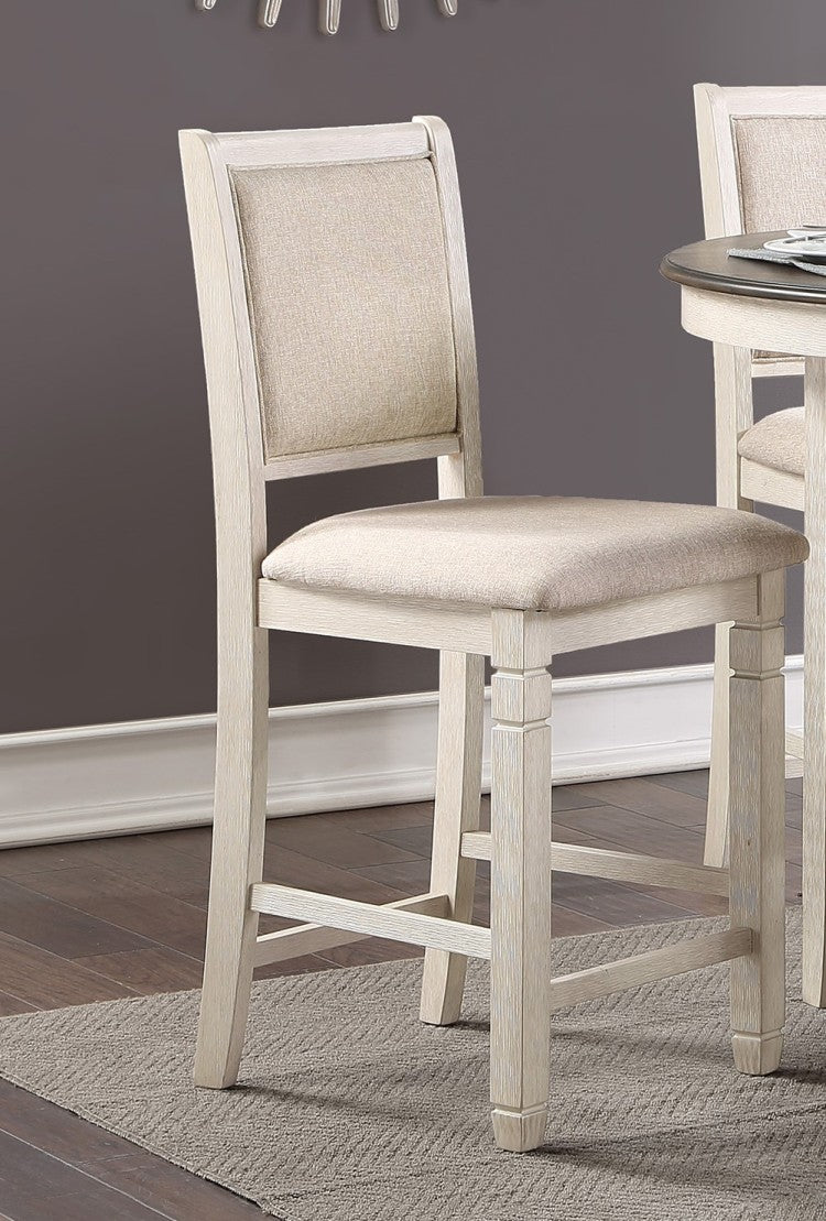 Antique White Finish Wooden Counter Height Chairs 2Pcs Set Textured Fabric Upholstered Dining Chairs