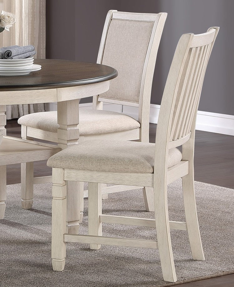 Antique White Finish Wooden Side Chairs 2Pcs Set Textured Fabric Upholstered Dining Chairs