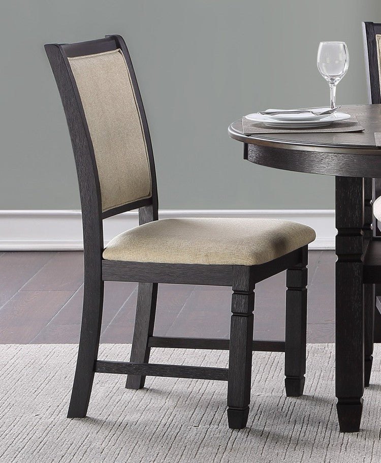 Beautiful Black Finish Wooden Side Chairs 2Pcs Set Beige Color Textured Fabric Upholstered Dining Chairs