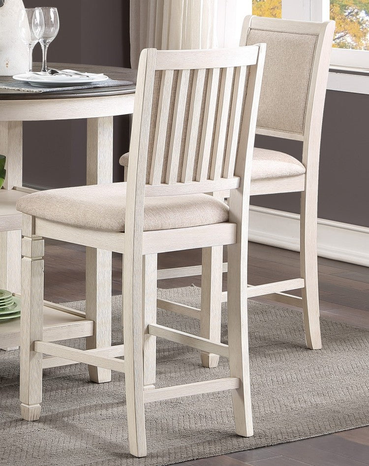 Antique White Finish Wooden Counter Height Chairs 2Pcs Set Textured Fabric Upholstered Dining Chairs