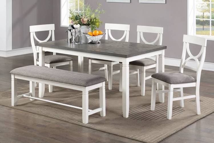Dining Room Furniture White 6Pc Dining Set Table 4 Side Chairs And A Bench Rubberwood Mdf