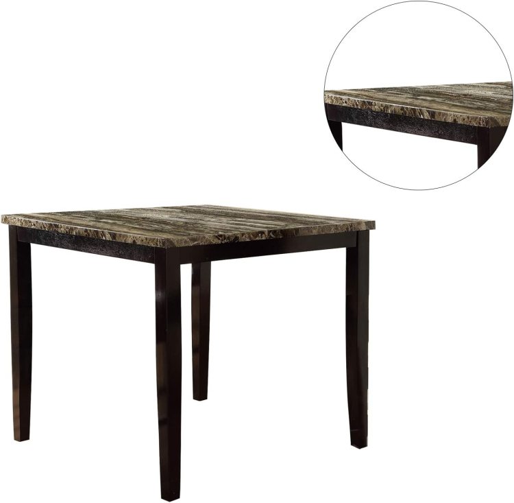 Contemporary Counter Height Dining 5Pc Set Table W 4X Chairs Brown Finish Birch Faux Marble Table Top Tufted Chairs Cushions Kitchen Dining Room Furniture Dinette