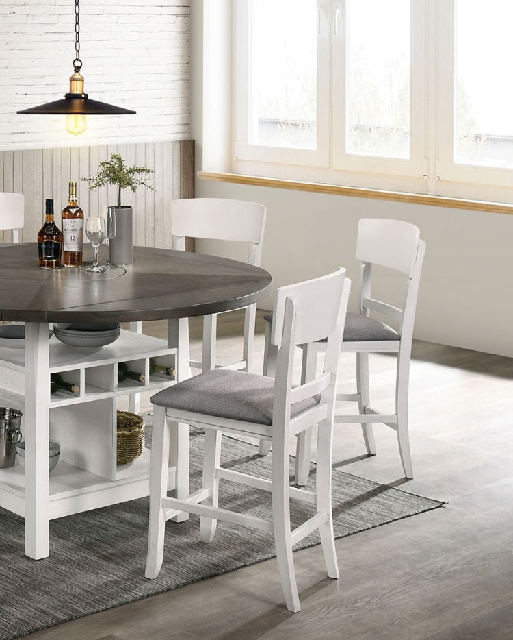 Contemporary Dining Room Counter Height Chairs Set Of 2 Chairs Only White Solid Wood Gray Padded Fabric Seat