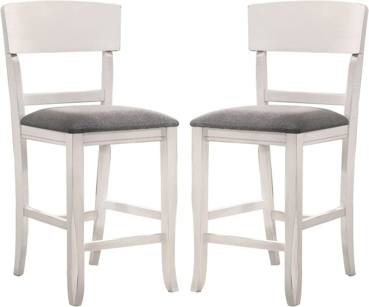 Contemporary Dining Room Counter Height Chairs Set Of 2 Chairs Only White Solid Wood Gray Padded Fabric Seat