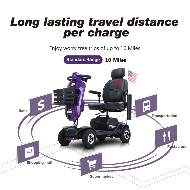 Max Plus Dark Purple 4 Wheels Outdoor Compact Mobility Scooter With 2Pcs*20Ah Lead Acid Battery, 16 Miles, Cup Holders & Usb Charger Port