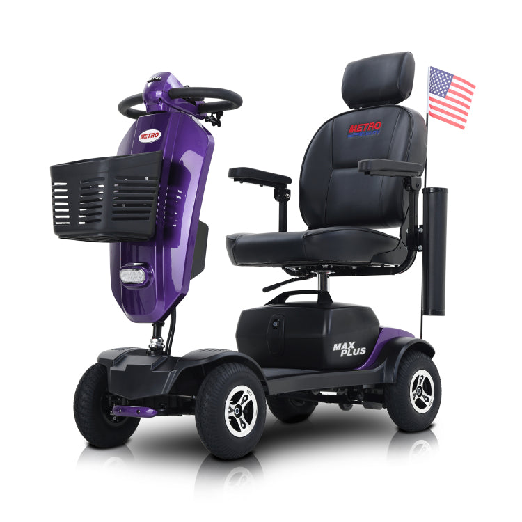 Max Plus Dark Purple 4 Wheels Outdoor Compact Mobility Scooter With 2Pcs*20Ah Lead Acid Battery, 16 Miles, Cup Holders & Usb Charger Port