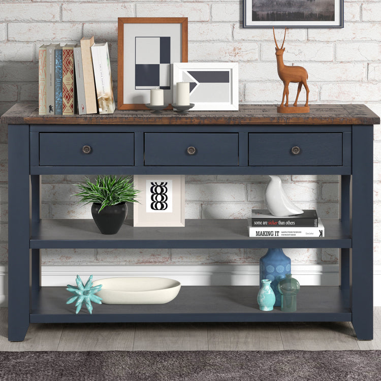 48'' Solid Pine Wood Top Console Table, Modern Entryway Sofa Side Table With 3 Storage Drawers And 2 Shelves. Easy To Assemble Blue