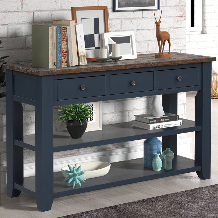 48'' Solid Pine Wood Top Console Table, Modern Entryway Sofa Side Table With 3 Storage Drawers And 2 Shelves. Easy To Assemble Blue
