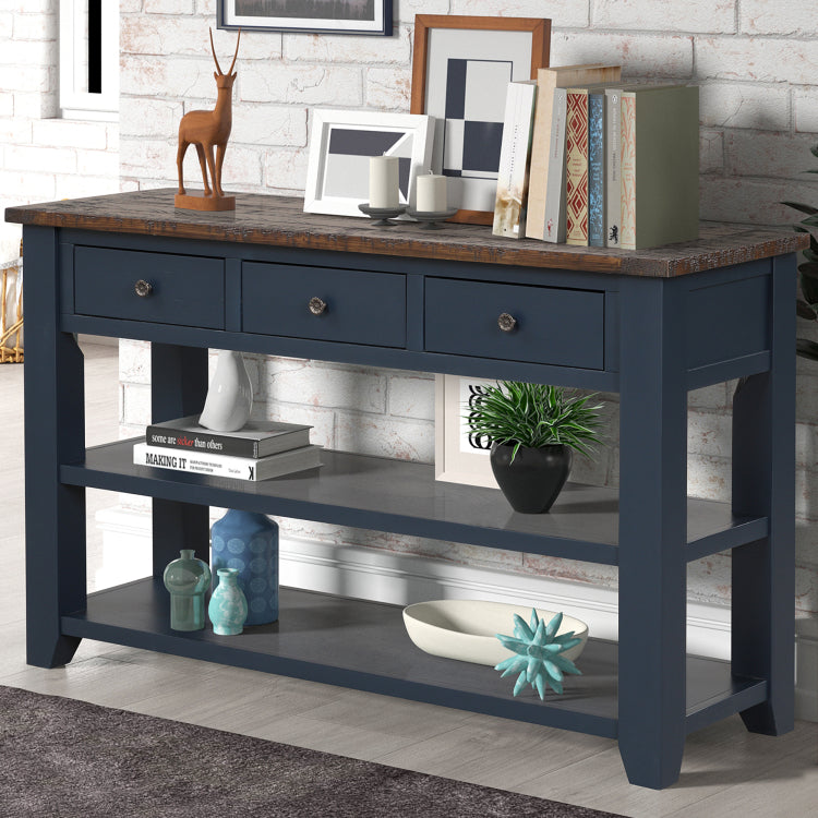 48'' Solid Pine Wood Top Console Table, Modern Entryway Sofa Side Table With 3 Storage Drawers And 2 Shelves. Easy To Assemble Blue