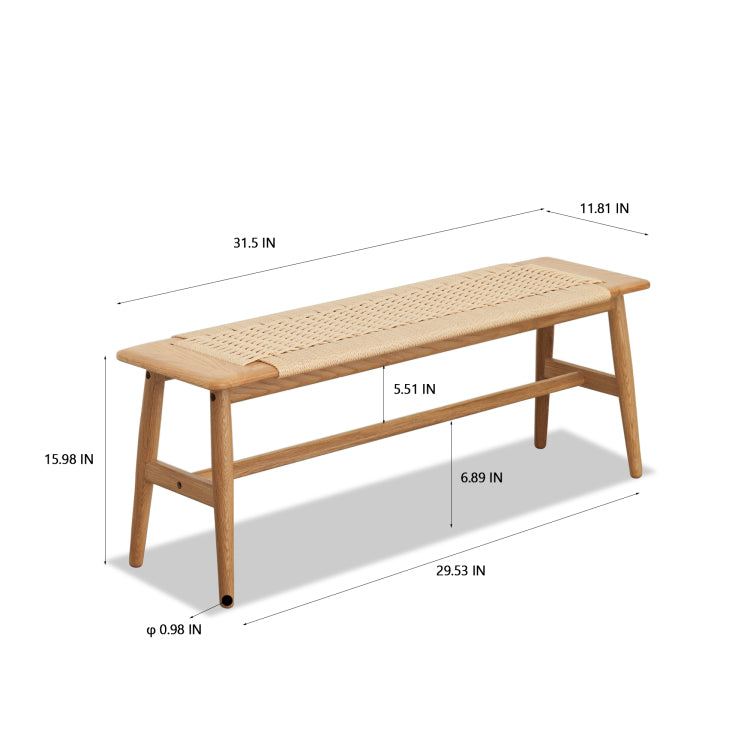 Woven Design Natural Oak Wood Dining Bench Bed Bench For Dining Room, Bedroom, Bathroom