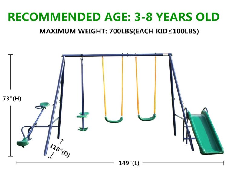 4 In 1 Swing Set With Seesaw, Belt Swing, Slide, Glider For Backyard