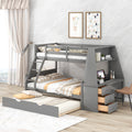 Twin Over Full Bunk Bed With Trundle And Built In Desk, Three Storage Drawers And Shelf,Gray