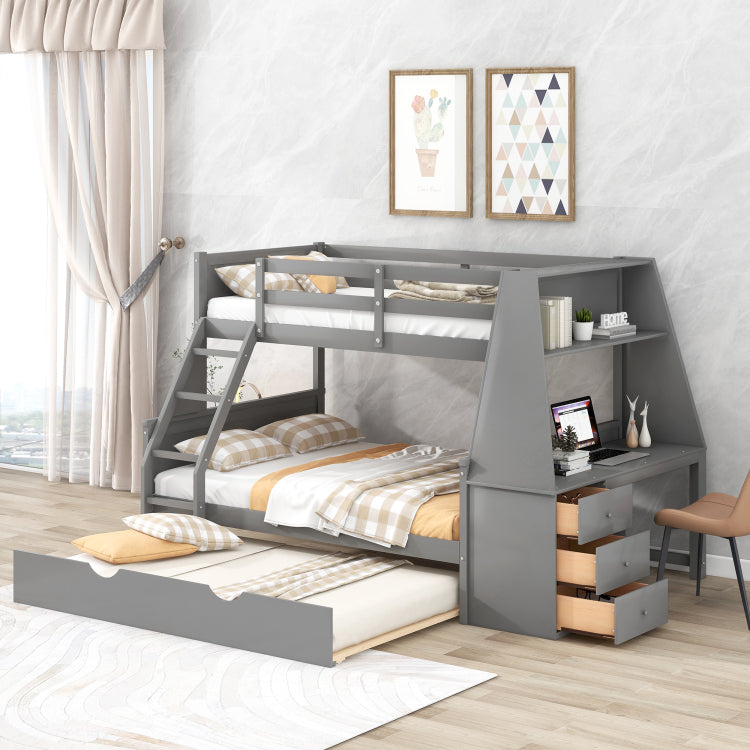 Twin Over Full Bunk Bed With Trundle And Built In Desk, Three Storage Drawers And Shelf,Gray