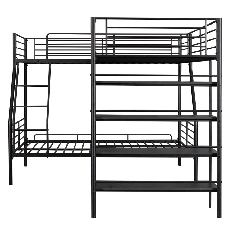 L Shaped Metal Twin Over Full Bunk Bed And Twin Size Loft Bed With Four Built In Shelves,Black