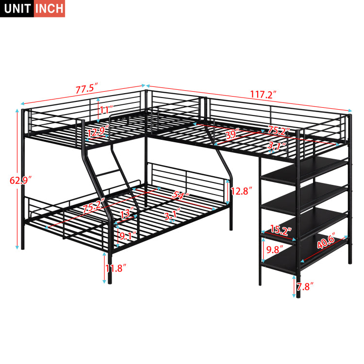 L Shaped Metal Twin Over Full Bunk Bed And Twin Size Loft Bed With Four Built In Shelves,Black