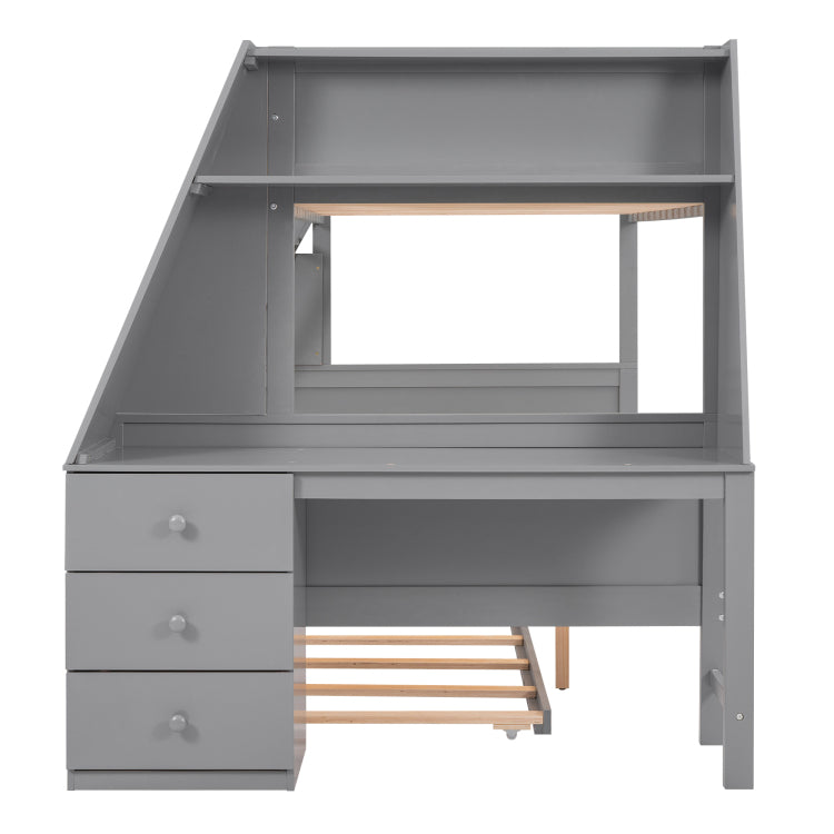 Twin Over Full Bunk Bed With Trundle And Built In Desk, Three Storage Drawers And Shelf,Gray