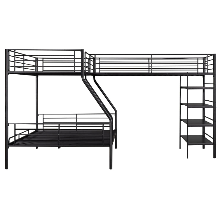 L Shaped Metal Twin Over Full Bunk Bed And Twin Size Loft Bed With Four Built In Shelves,Black