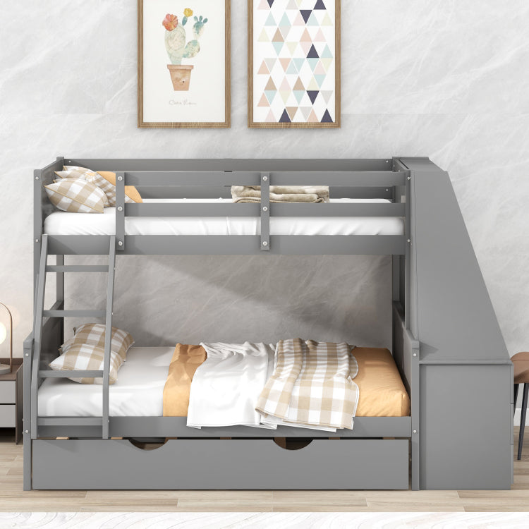 Twin Over Full Bunk Bed With Trundle And Built In Desk, Three Storage Drawers And Shelf,Gray