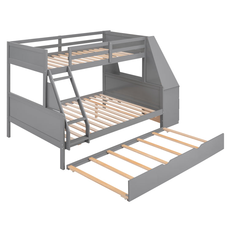 Twin Over Full Bunk Bed With Trundle And Built In Desk, Three Storage Drawers And Shelf,Gray