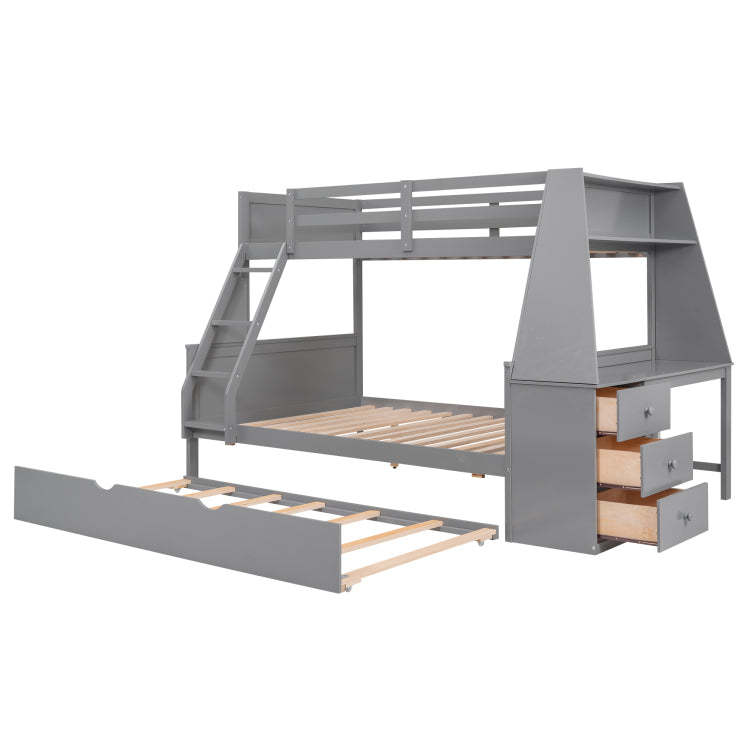 Twin Over Full Bunk Bed With Trundle And Built In Desk, Three Storage Drawers And Shelf,Gray