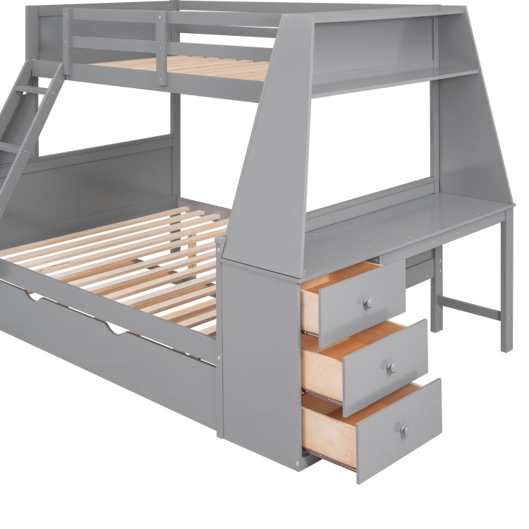 Twin Over Full Bunk Bed With Trundle And Built In Desk, Three Storage Drawers And Shelf,Gray