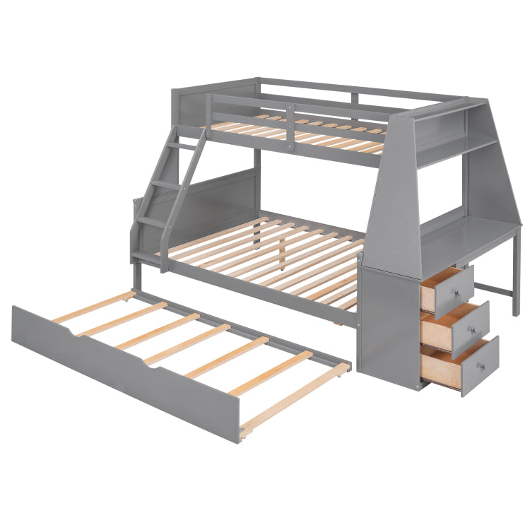 Twin Over Full Bunk Bed With Trundle And Built In Desk, Three Storage Drawers And Shelf,Gray