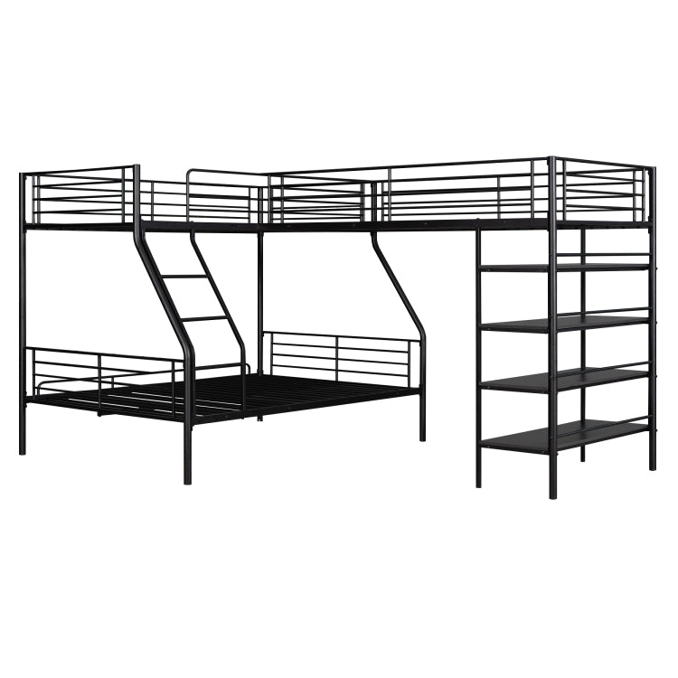 L Shaped Metal Twin Over Full Bunk Bed And Twin Size Loft Bed With Four Built In Shelves,Black
