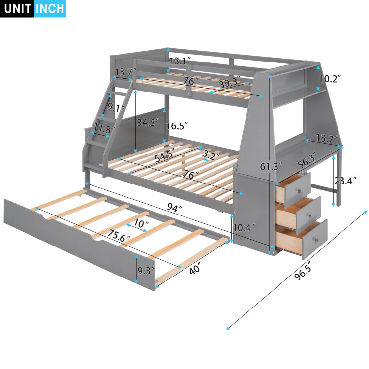 Twin Over Full Bunk Bed With Trundle And Built In Desk, Three Storage Drawers And Shelf,Gray